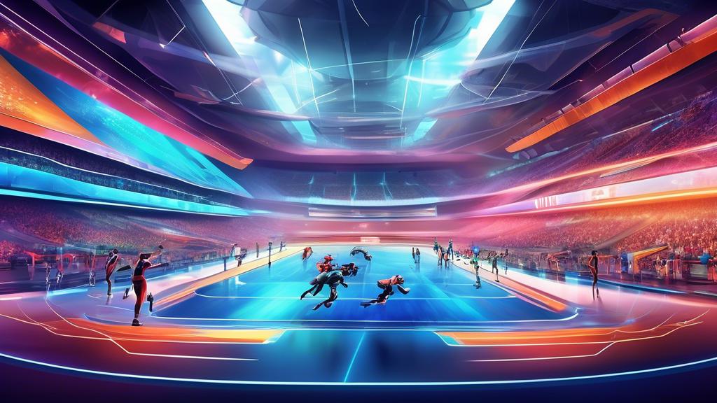 Create an image of a futuristic sports arena where athletes are engaging in a high-tech sport that combines elements of virtual reality, drones, and robotics. Imagine a dynamic and innovative setting where athletes showcase their skills in a visually stunning and technologically advanced competition.