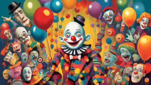 Create an image of a whimsical scene featuring a character surrounded by exaggerated representations of unusual phobias such as a giant fear of buttons, a towering stack of clowns, and a looming shadow of a sock puppet. Make the setting colorful and fantastical to convey a sense of humor and whimsy in exploring these peculiar fears.