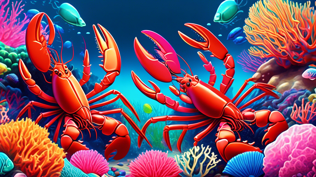 Please create an image of a surreal underwater scene filled with a variety of colorful lobsters showcasing shades like vibrant red, neon green, electric blue, and pastel pink. The lobsters are surrounded by an array of coral reefs and seashells, creating a visually stunning and mesmerizing underwater world.