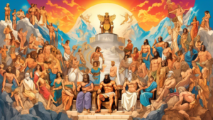 Create an image of the Twelve Gods of Mount Olympus gathered together on the mountaintop, each deity displaying their distinctive attributes and symbols. The scene should capture the grandeur and power of these ancient Greek gods, with Zeus seated on a throne at the center, surrounded by the other gods in a majestic and awe-inspiring setting.