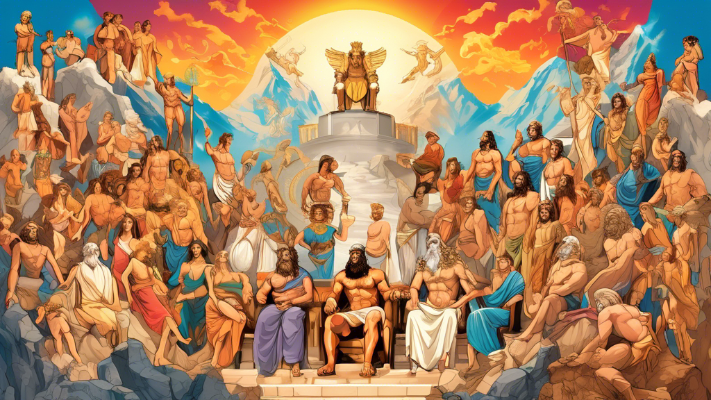 Create an image of the Twelve Gods of Mount Olympus gathered together on the mountaintop, each deity displaying their distinctive attributes and symbols. The scene should capture the grandeur and power of these ancient Greek gods, with Zeus seated on a throne at the center, surrounded by the other gods in a majestic and awe-inspiring setting.