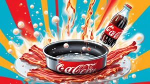 Create an image of a surreal scene where a giant Diet Coke can is pouring sizzling bacon strips into a frying pan, surrounded by floating bacon strips and fizzing carbonation bubbles in the air, set against a vibrant and whimsical background.