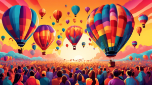 Create an image of a vibrant hot air balloon festival, with numerous colorful balloons rising into the sky against a beautiful sunset backdrop. Include a crowd of excited spectators watching in awe as the balloons take flight, capturing the sense of wonder and excitement that comes with hot air balloon exploration.