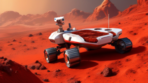 Create an image of a futuristic rover navigating the rugged terrain of Mars, with the red planet's iconic red soil and rocky landscape in the background. The rover is equipped with advanced technology and tools for exploration, symbolizing the ongoing mission to uncover the mysteries of Mars.