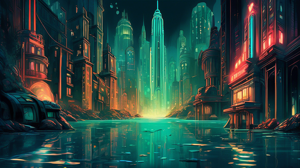 An underwater cityscape inspired by the architectural style of Rapture, the iconic setting from Bioshock, featuring towering art deco buildings, glowing lights, and a mysterious, dystopian atmosphere.