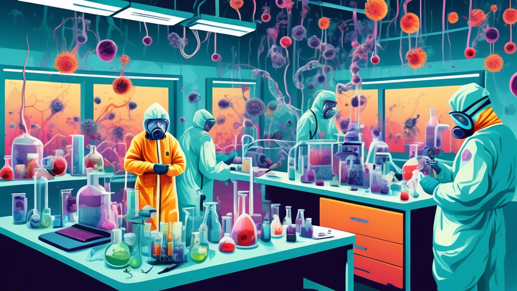 Create an image of a scientific laboratory filled with various deadly viruses under high security conditions, with scientists in hazmat suits carefully conducting research and experiments. Each virus should be uniquely and accurately depicted to visually represent the dangerous nature of these lethal pathogens.