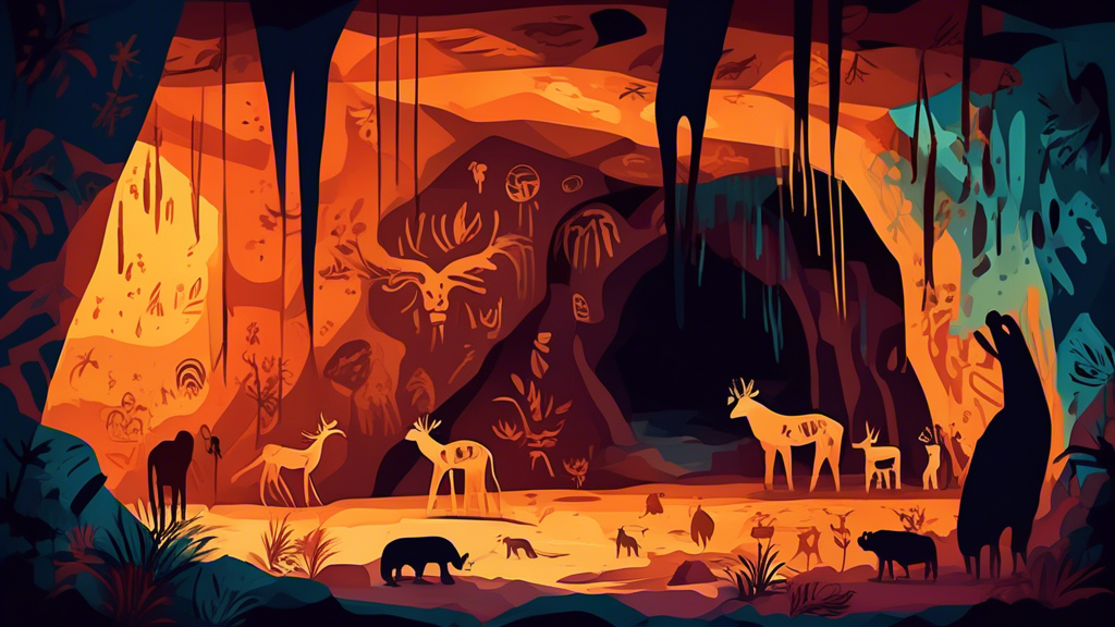 Create an image of a dimly lit cave interior with ancient, intricate cave art covering the walls. The art should depict primitive animals, handprints, and symbols, showcasing the creativity of our ancestors and the wonder of exploring the world's oldest cave art.