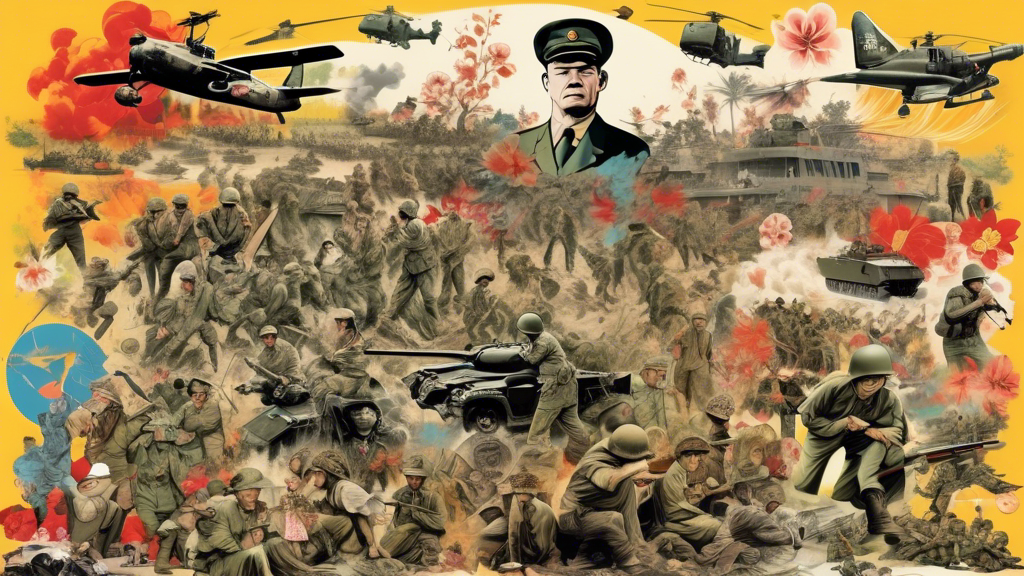 Create an image of a collage showcasing key events and figures from the Vietnam War, such as soldiers in battle, anti-war protests, the Tet Offensive, Ho Chi Minh, and Richard Nixon. The collage should visually represent the complexity and impact of the Vietnam War with a mix of black and white and color images.