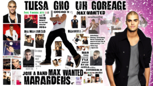 Create an image of a collage featuring Max George from The Wanted, showcasing various facts about his life and career. Include images of him performing on stage, with the band, and in different outfits. Incorporate text highlighting fun facts like his birthdate, hometown, musical achievements, and personal interests. Capture his charisma and talent in a visually appealing way that fans of The Wanted would love.