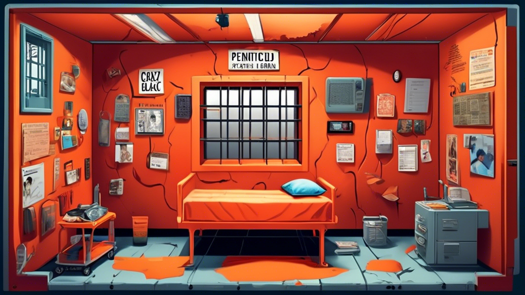 Create an image of a colorful prison cell with various elements representing the characters, themes, and significant events from the TV series Orange Is the New Black. Include elements like a red jumpsuit, a library cart, a piece of pie, a screwdriver, a portrait of the character Crazy Eyes, and a sign that reads Litchfield Penitentiary. The image should evoke the essence of the show while visually showcasing key aspects that fans of the series will recognize and appreciate.