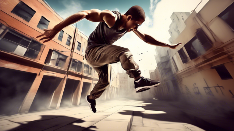 Create an image of a parkour athlete mid-jump, showcasing agility, strength, and determination in an urban environment. Capture the essence of freedom and fluid movement that characterizes the sport of parkour and free running. Include elements like a cityscape, obstacles, and a sense of motion to reflect the dynamic nature of this adrenaline-fueled activity.