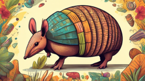 Prompt: Create an image of an armadillo surrounded by various interesting facts about its unique characteristics and behavior. Include vivid and eye-catching visuals to illustrate each fact, such as its armored shell, specialized diet, ability to roll into a ball, and quirky behaviors.