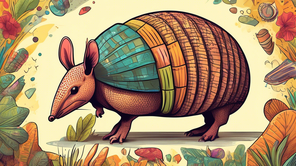 Prompt: Create an image of an armadillo surrounded by various interesting facts about its unique characteristics and behavior. Include vivid and eye-catching visuals to illustrate each fact, such as its armored shell, specialized diet, ability to roll into a ball, and quirky behaviors.