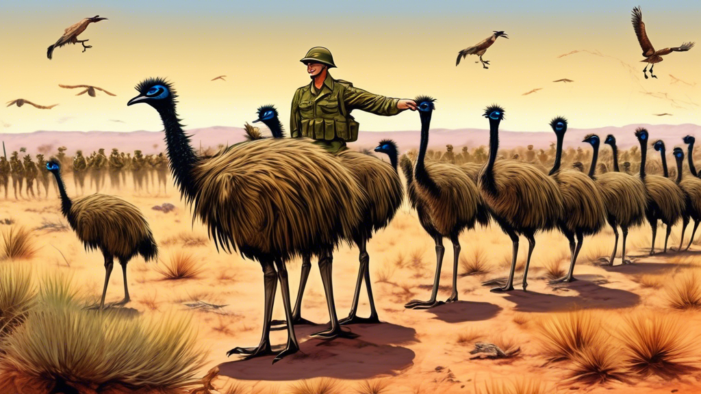 Create an image of Australian soldiers facing off against a group of emus in the outback, capturing the chaos and confusion of the infamous Emu War. The soldiers should be armed and ready for battle while the emus are depicted with their characteristic curious and mischievous expressions. Include rugged Australian landscape in the background to set the scene.