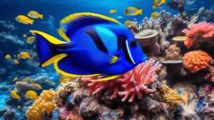 Create an image of a vibrant blue tang fish surrounded by colorful coral reefs and other marine life, showcasing the beauty and elegance of these unique creatures. Include subtle details that allude to some interesting facts about blue tang fish, such as their regal blue coloration, sharp spines along their body, and their role in maintaining the balance of the coral reef ecosystem.