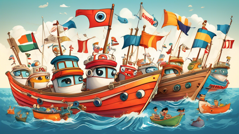 Create an image of a cartoon boat with a playful face, looking surprised and delighted while surrounded by other boats. Each boat should have a unique design, showcasing the diverse and quirky world of boat naming and decoration. Include details like flags, banners, and personalized names on the boats to emphasize the theme of uniqueness and individuality. The overall image should be colorful and cheerful, capturing the essence of the playful and unexpected boat naming culture.
