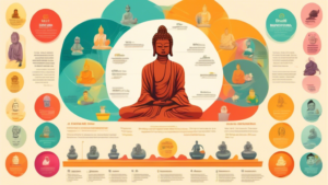 Create an infographic showcasing fascinating facts about Buddha, featuring a variety of visually appealing and informative elements such as illustrations, icons, and text boxes. Display statistics and details about the life, teachings, and impact of Buddha on a colorful and engaging layout for easy consumption.