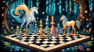 Create an image of a fantastical chess board where each square is a different color and each piece is a unique, whimsical creature representing various chess figures. The board should be set in a magical forest with glowing mushrooms and twinkling fireflies. Show the white king as a majestic unicorn, the black queen as a fierce dragon, the knights as graceful fairies, and the pawns as tiny gnomes. Let the background be filled with towering trees and misty enchantment, creating a scene that captures the imagination and whimsy of chess.