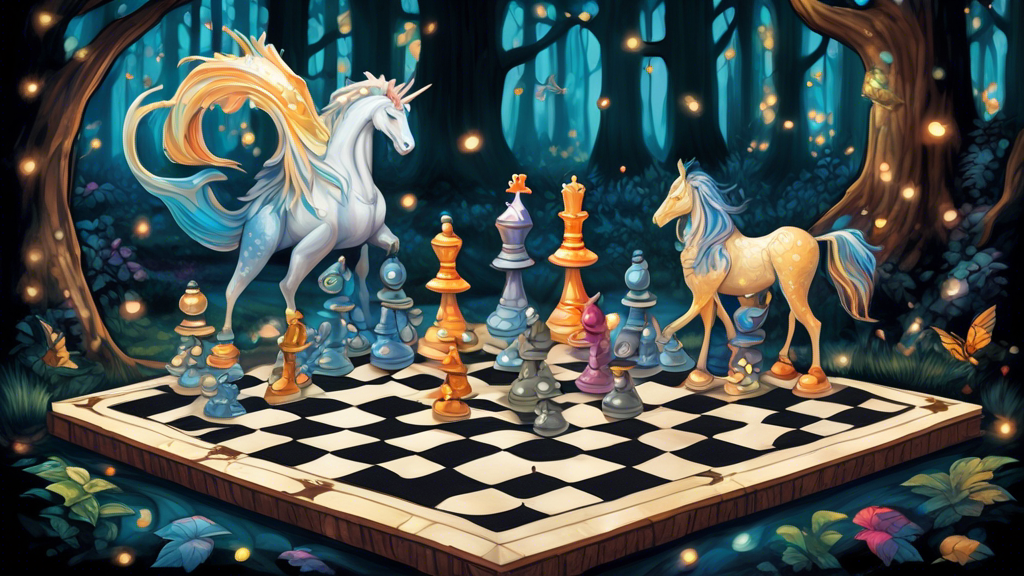 Create an image of a fantastical chess board where each square is a different color and each piece is a unique, whimsical creature representing various chess figures. The board should be set in a magical forest with glowing mushrooms and twinkling fireflies. Show the white king as a majestic unicorn, the black queen as a fierce dragon, the knights as graceful fairies, and the pawns as tiny gnomes. Let the background be filled with towering trees and misty enchantment, creating a scene that captures the imagination and whimsy of chess.