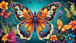 Create an image of a whimsical and colorful butterfly species that embodies the beauty and wonder of the world of butterflies, surrounded by various plants and flowers found in a lush garden. Include intricate details on the butterfly's wings and vibrant colors to showcase their unique patterns and natural diversity.