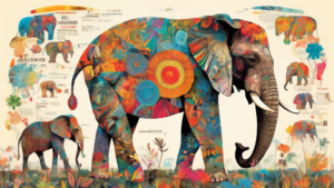 Create an image of a collage featuring various fascinating facts about elephants, such as their ability to communicate through low-frequency rumbling, their exceptional memory, their strong family bonds, and their unique trunk with over 40,000 muscles. Include vibrant colors and intricate details to make the image visually engaging and informative.