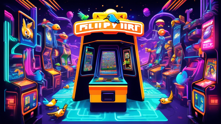 Create an image of a whimsical, futuristic video game arcade with a larger-than-life Flappy Bird game machine at the center, surrounded by players of all ages looking both thrilled and frustrated as they try to navigate the iconic bird through an endless maze of obstacles. The background should be filled with colorful neon lights and vibrant retro designs, capturing the essence of the addictive and infamous Flappy Bird game.