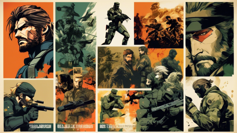 Create an image showcasing a collage of iconic moments and characters from the Metal Gear Solid series, including Solid Snake, Big Boss, and various gameplay elements such as stealth, infiltration, and epic boss battles. Make sure to capture the essence of the series' rich storytelling and innovative gameplay mechanics in a visually captivating way.
