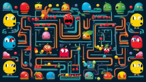 Create an image of a whimsical and imaginative Pac-Man scene that showcases fascinating facts about the iconic arcade game. Include elements like a giant maze with cherry and power pellets, colorful ghosts, and Pac-Man munching his way through while incorporating fun facts about the game in an engaging and visually appealing way.