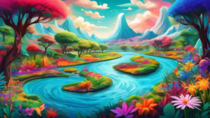 Create an image of a vibrant river flowing through a surreal landscape, with small islands scattered throughout the river that each contain a different fact about River Zain Ceballos written on them. The river should be surrounded by lush greenery and colorful flowers, creating a serene and magical atmosphere. Each island should be uniquely designed to match the fact written on it, making the viewer curious to explore each one further. The overall image should capture the essence of the fascinating and mysterious nature of River Zain Ceballos.