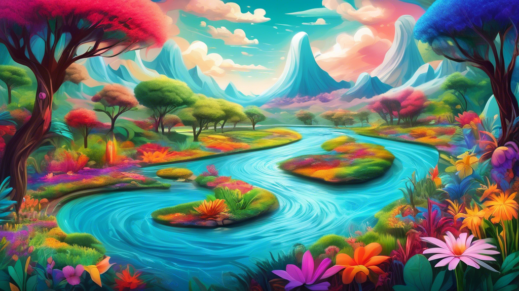 Create an image of a vibrant river flowing through a surreal landscape, with small islands scattered throughout the river that each contain a different fact about River Zain Ceballos written on them. The river should be surrounded by lush greenery and colorful flowers, creating a serene and magical atmosphere. Each island should be uniquely designed to match the fact written on it, making the viewer curious to explore each one further. The overall image should capture the essence of the fascinating and mysterious nature of River Zain Ceballos.