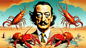 Create an image of a surrealist Salvador Dali portrait with elements representing his fascinating life and work - such as melting clocks, a mustache, a lobster and a desert landscape. Make sure the image captures the essence of Salvador Dali's eccentricity and creativity.