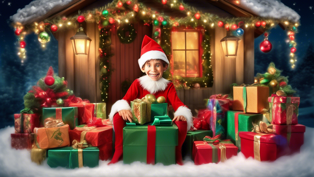 Create an image of a whimsical, mischievous elf peeking out from behind a large stack of presents, surrounded by festive holiday decorations. The elf has a mischievous grin on its face, embodying the spirit of Santa's little helper. The background is filled with twinkling lights and colorful ornaments, giving a magical and enchanting feel to the scene.