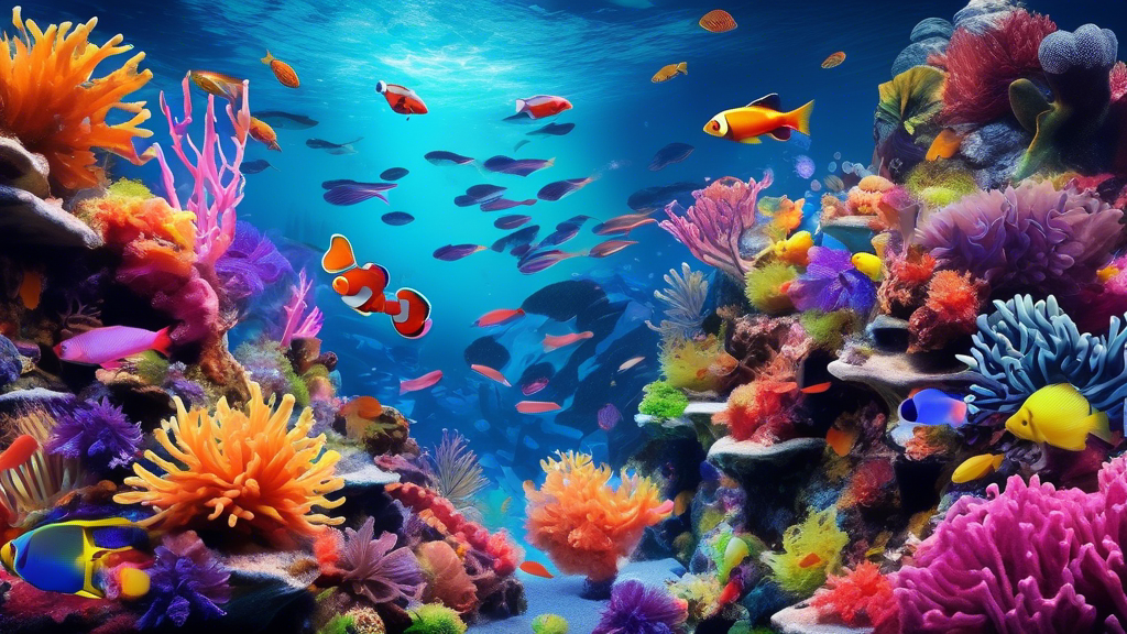 Create an image of a vibrant underwater tropical reef, showcasing an array of colorful fish species, corals, and sea plants. Include a clownfish swimming among anemones, a school of neon tetras darting through the water, and a majestic betta fish displaying its vibrant colors. Capture the beauty and diversity of tropical fish in a mesmerizing underwater scene.