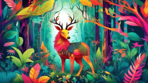 Create an image of a mystical creature called Zeal Akarawai in a lush, vibrant forest setting, showcasing its unique features and magical qualities. Include elements that embody its fantastical essence and capture the imagination of the viewers.