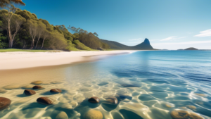 Create an image of a vibrant and picturesque beach on the Sunshine Coast, Queensland, showcasing crystal-clear waters, golden sands, lush greenery, and a clear blue sky. Include iconic elements such as surfers, beach-goers, and perhaps a glimpse of the famous Glass House Mountains in the background. Let the image capture the essence of the Sunshine Coast's beauty and showcase why it's a must-visit destination in Queensland.