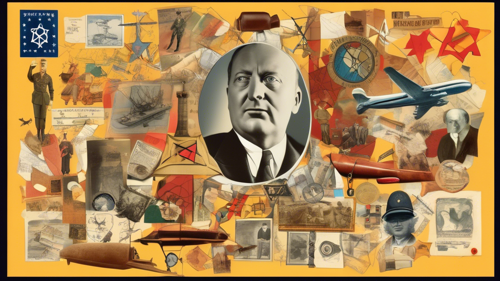 Create an image of a depiction of Albert Göring surrounded by various items representing his life and achievements, such as a plane (he was a pilot), a swastika crossed out (as he opposed the Nazi party), and a stack of passports (symbolizing his efforts to save Jews during the Holocaust). Include a subtle touch of heroism and mystery in the overall composition.