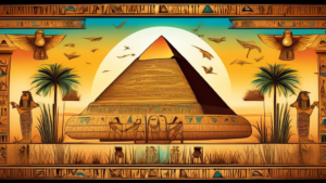 Create an image of an ancient Egyptian sarcophagus adorned with intricate hieroglyphics and elaborate designs, surrounded by papyrus reeds and the silhouette of the Great Pyramid in the background. Include subtle symbols or representations of different aspects of ancient Egyptian culture and civilization to represent the fascinating facts about the ancient Egyptians.