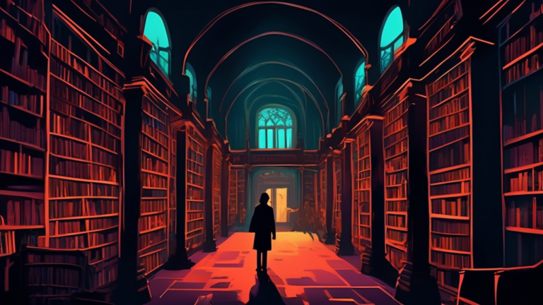 Create an image of a hauntingly beautiful library filled with shelves of James Herbert's horror novels, each book glowing with an eerie, otherworldly light. Shadows dance on the walls, and spectral figures lurk in the dimly lit aisles, adding to the atmosphere of dread and mystery.úb