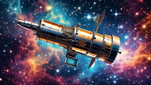 Create an image of the Hubble Space Telescope floating in space surrounded by twinkling stars and distant galaxies, highlighting its intricate design and advanced technology. Depict the telescope capturing stunning images of the cosmos, showcasing its role in expanding our understanding of the universe.