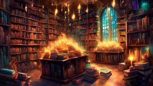 Create an image of a library filled with stacks of magical books, each one glowing with an enchanting light. Include elements like wands, quills, parchment, and magical creatures hidden amongst the shelves. Let the scene evoke a sense of wonder and enchantment, capturing the essence of the magical world of Harry Potter.