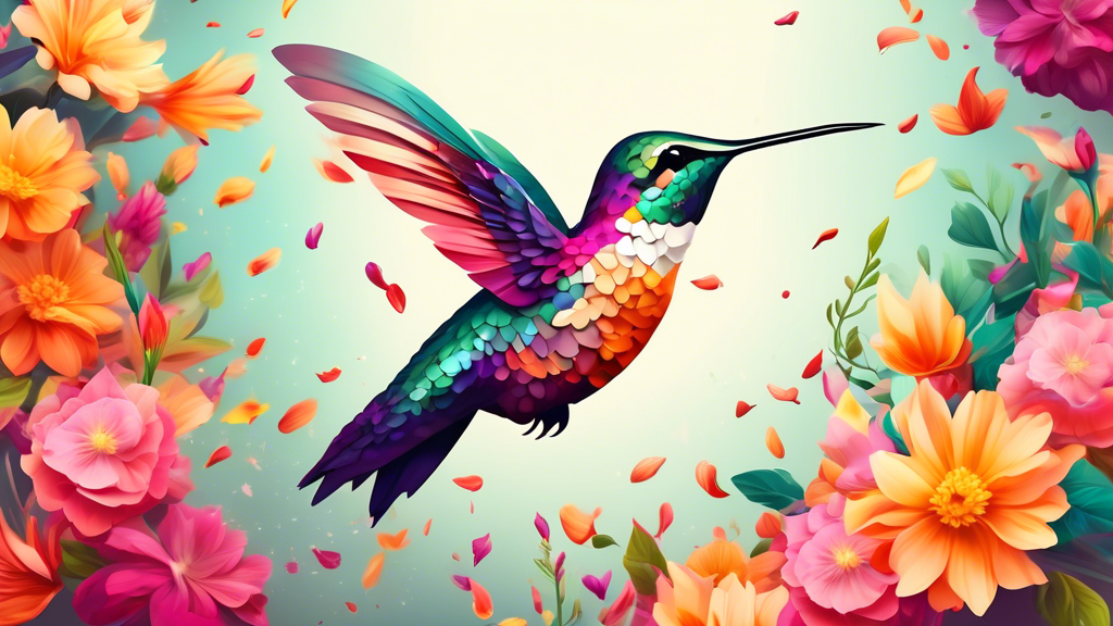 Create an image of a hummingbird carrying a tiny crown made of flower petals as it hovers in the air. The background should be a lush garden filled with vibrant flowers and greenery, encapsulating the beauty and grace of these fascinating creatures.