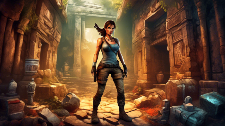 Create an image of Lara Croft, the iconic Tomb Raider protagonist, surrounded by various artifacts and puzzles, with hints of ancient ruins and treasure in the background. Make the scene vibrant and mysterious, capturing Lara's adventurous spirit and the thrilling world of archaeology she navigates.