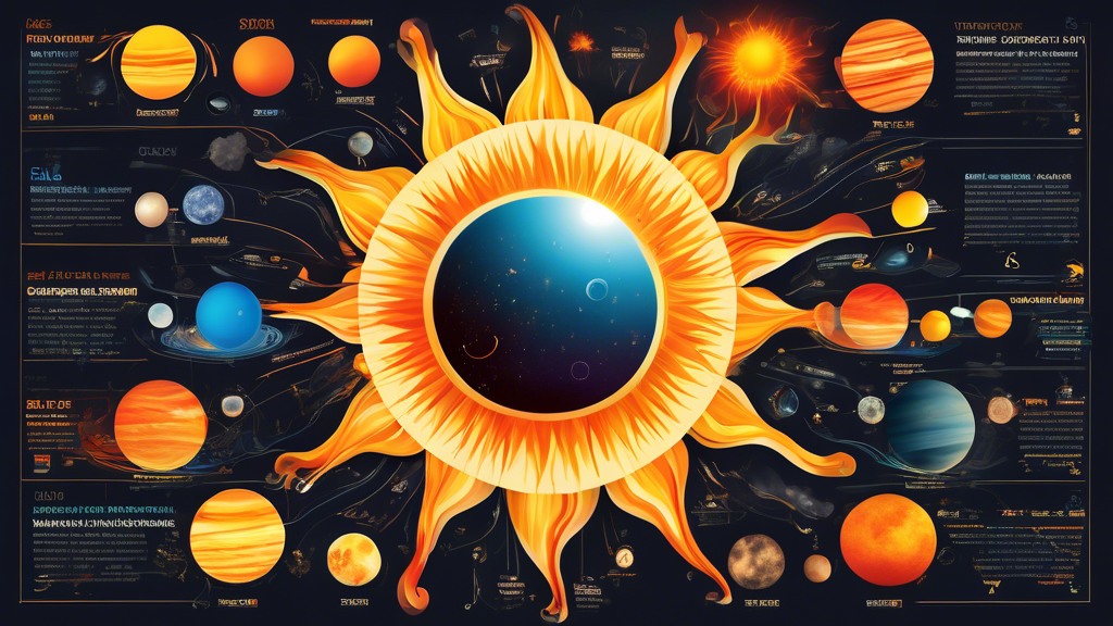 Create an image of a sun surrounded by a variety of facts about it, such as its size, temperature, composition, and role in the solar system. Each fact should be visually displayed in a creative and engaging way to capture the viewer's attention.