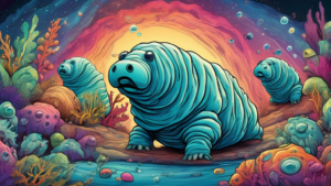 Create an image of a whimsical and detailed illustration featuring a group of tardigrades (water bears) in a vibrant, alien-like landscape, showcasing their unique and fascinating characteristics. Include elements that highlight their resilience, microscopic size, and peculiar appearance.