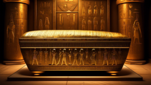 Create an image of an ancient Egyptian sarcophagus with intricate hieroglyphics, adorned with gold, standing in a dimly lit tomb. Surround the sarcophagus with artifacts such as statues, jewelry, and pottery to depict the opulence of King Tutankhamun's burial chamber. Include a subtle glow emanating from the sarcophagus to showcase the mysteries and splendor of ancient Egypt.