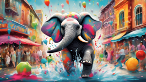 Create an image of a whimsical, surreal scene depicting a tipsy elephant causing chaos and mayhem in a vibrant, bustling town. The elephant is stumbling around, knocking over market stalls, splashing in a fountain, and playfully chasing after startled bystanders. Capture the pandemonium and humor of the situation with colorful and dynamic elements that convey the sense of frenzy caused by the mischievous drunk elephant.