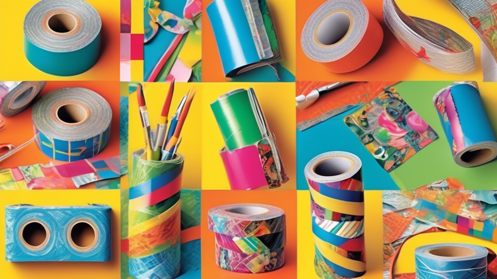 Create an image of a vibrant, whimsical collage showcasing different uses of duct tape, such as repairing a torn backpack, creating colorful DIY crafts, securing a loose wire, and more. Include playful illustrations of duct tape rolls and a variety of patterns to highlight the versatility and creativity behind this practical tool.