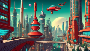 Create an image of a futuristic cityscape inspired by the animated show Futurama, featuring flying cars, towering skyscrapers, and innovative technology. Include subtle nods to iconic elements from the show such as the Planet Express ship, Fry's red jacket, Bender's shiny metal body, and the Planet Express building. Make the city vibrant and bustling with futuristic activity to capture the essence of the quirky and imaginative world of Futurama.