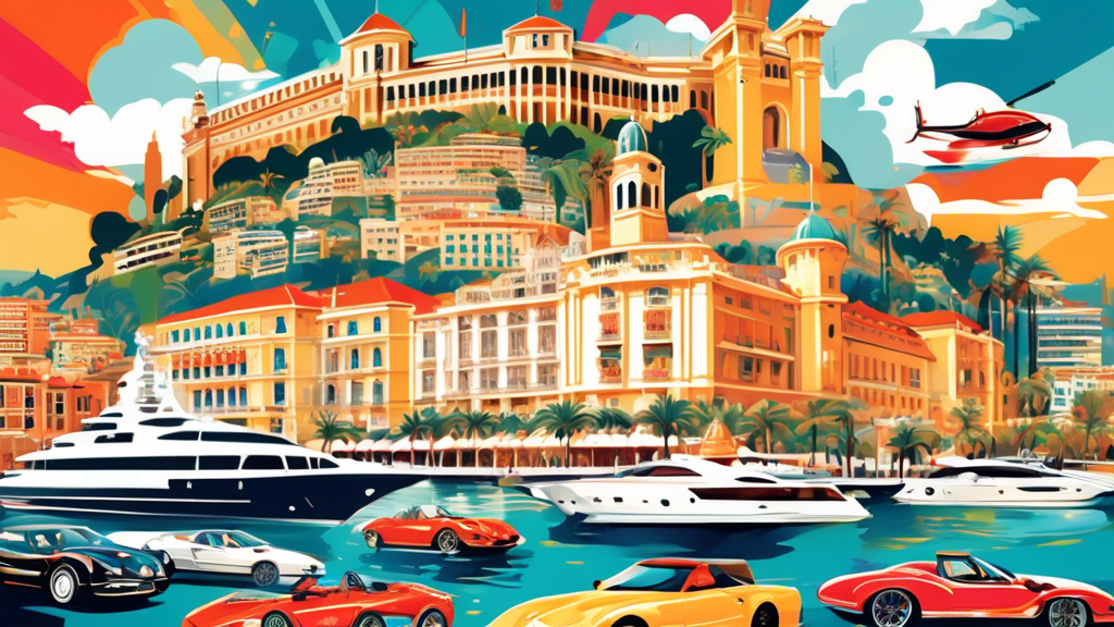 Create an image of a stunning collage featuring iconic landmarks of Monaco, such as the Monte Carlo Casino, Prince's Palace, and Port Hercules, surrounded by images of exotic sports cars, luxury yachts, and vibrant nightlife scenes to showcase the fun and glamour of the principality.