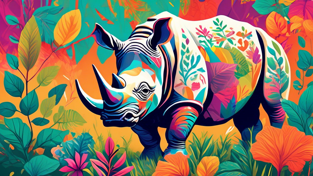 Create an image of a whimsical rhinoceros standing in a lush, colorful garden filled with interesting facts about rhinos written on large, vibrant leaves surrounding the animal. The rhino should have a playful expression, and the overall scene should convey a sense of wonder and discovery.